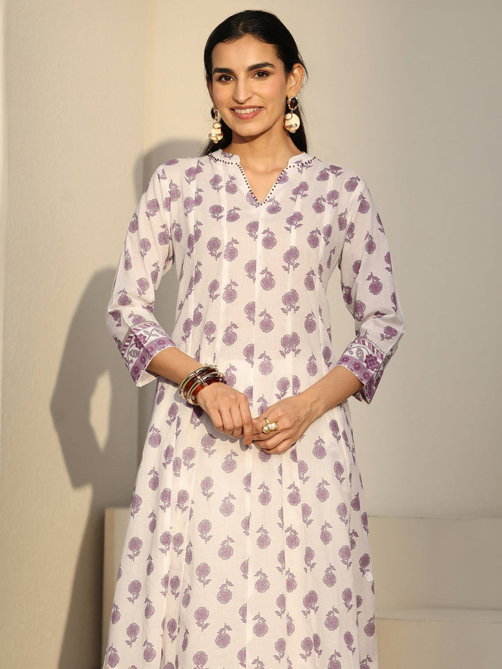 Libas White Floral Printed Cotton Anarkali Suit Set