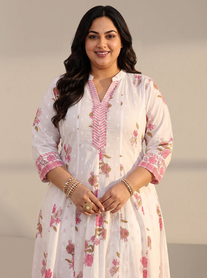 Plus Size White Floral Printed Cotton Anarkali Suit Set