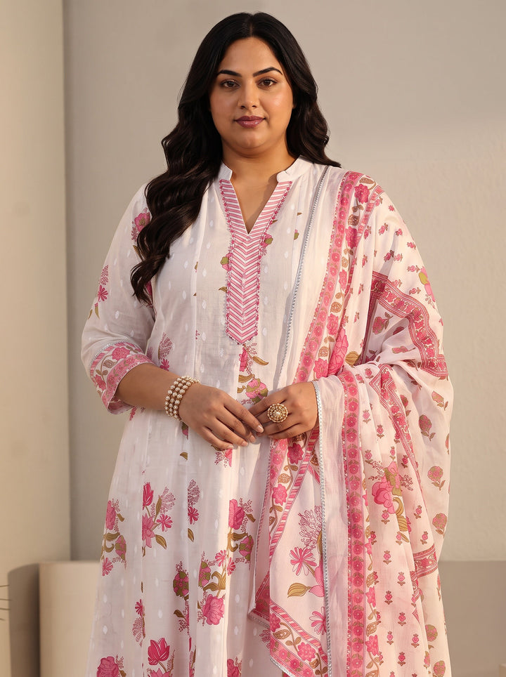 Plus Size White Floral Printed Cotton Anarkali Suit Set
