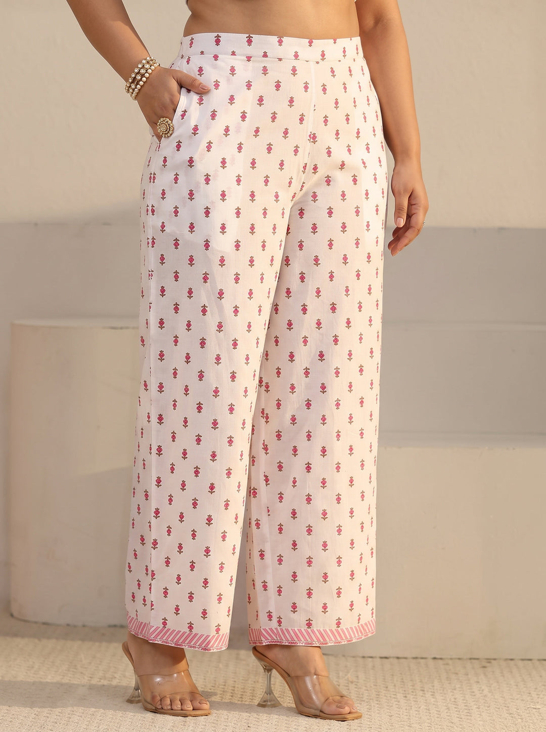 Plus Size White Floral Printed Cotton Anarkali Suit Set