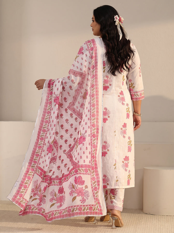 Plus Size White Floral Printed Cotton Anarkali Suit Set