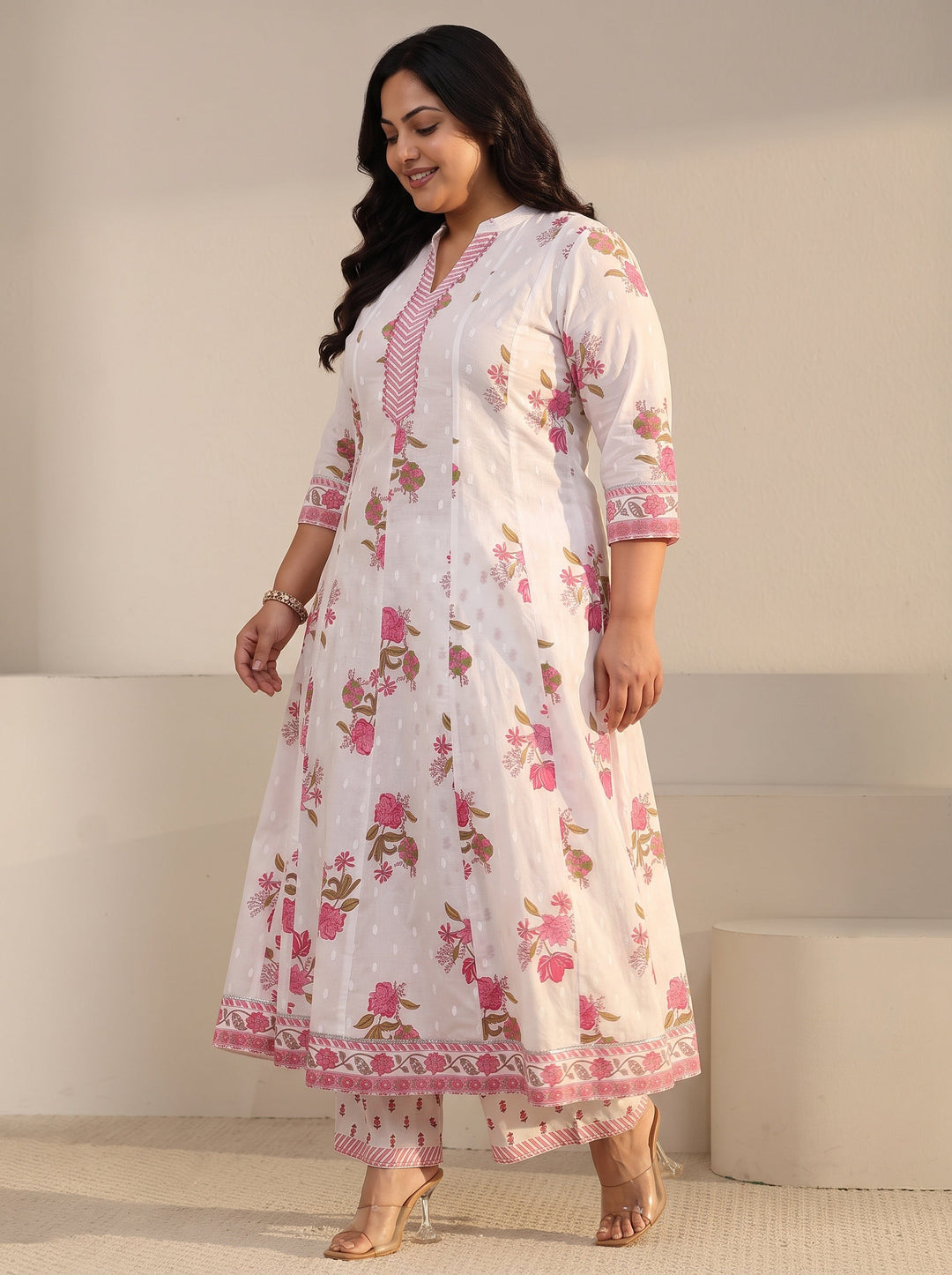 Plus Size White Floral Printed Cotton Anarkali Suit Set