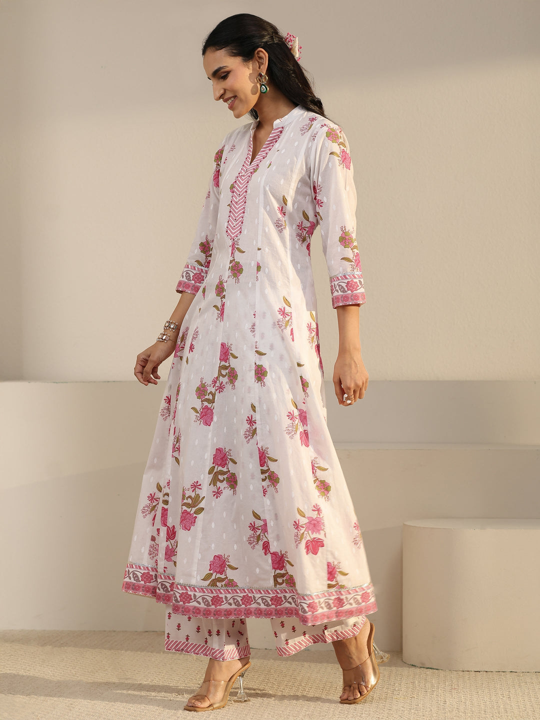 Libas White Floral Printed Cotton Anarkali Suit Set