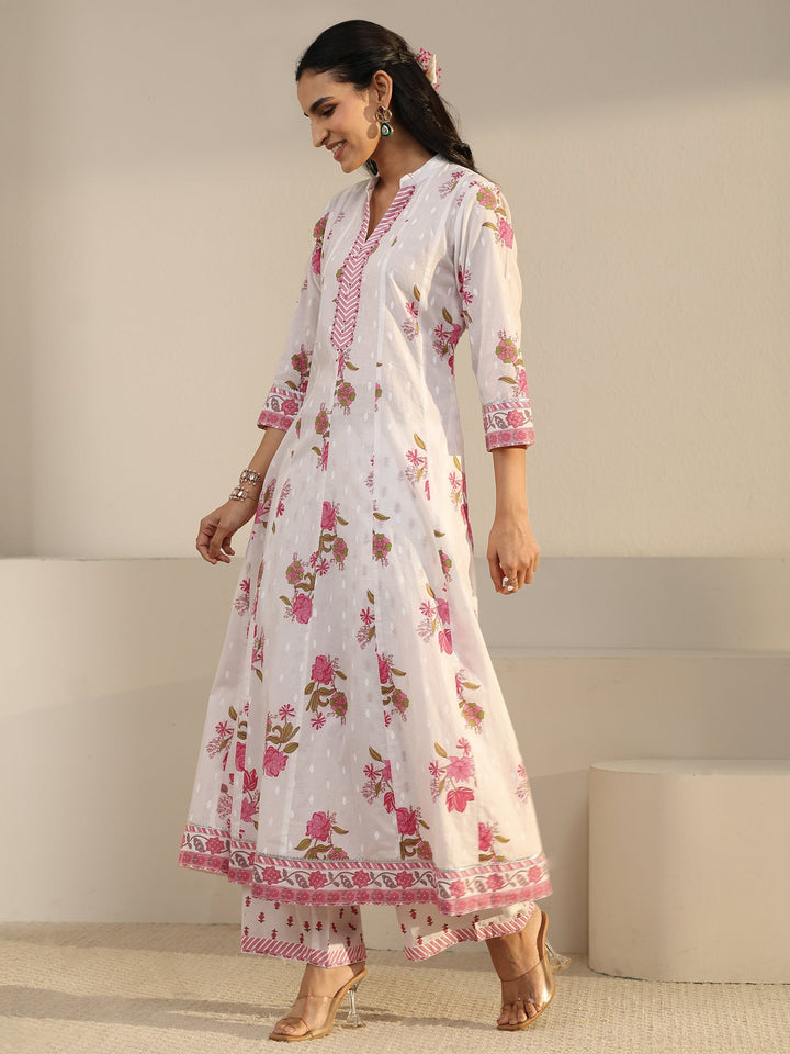 Libas White Floral Printed Cotton Anarkali Suit Set