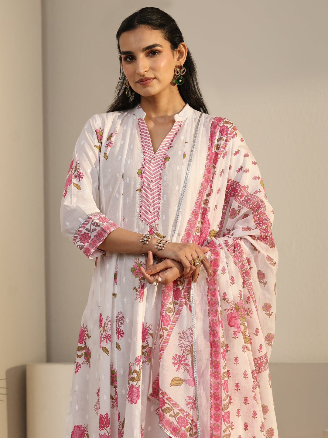 Libas White Floral Printed Cotton Anarkali Suit Set