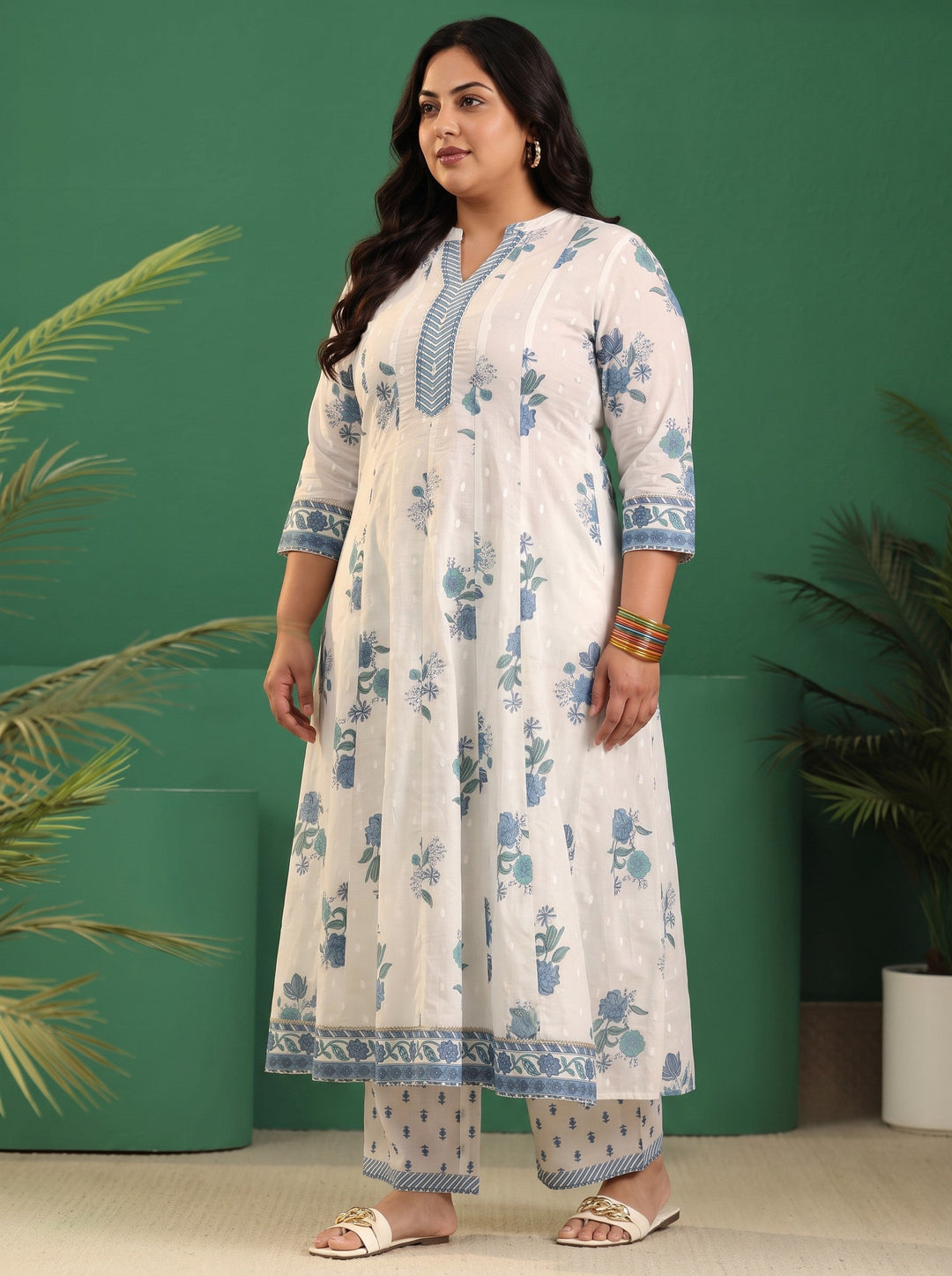 Plus Size White Floral Printed Cotton Anarakali Suit Set