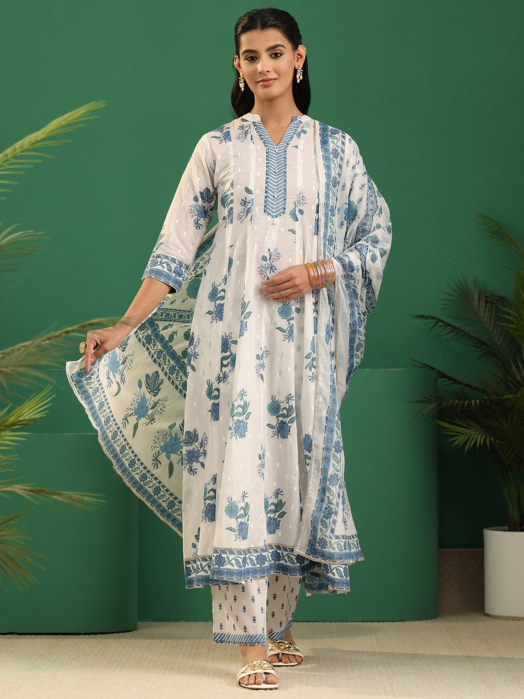 Libas White Floral Printed Cotton Anarakali Suit Set