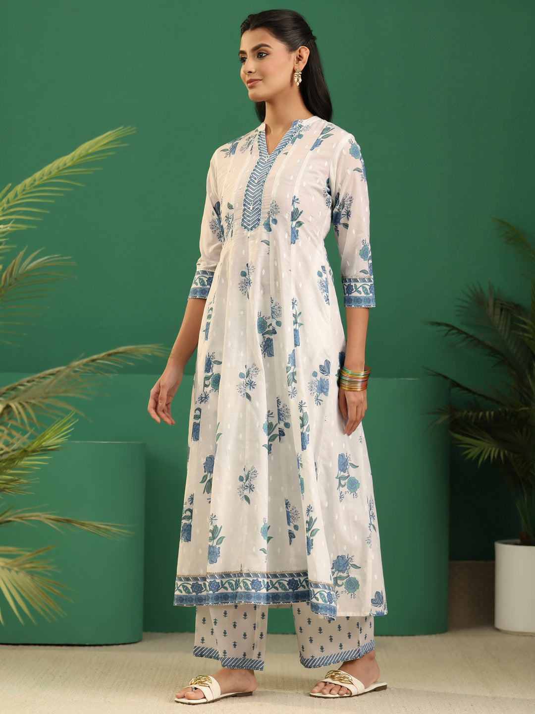 Libas White Floral Printed Cotton Anarakali Suit Set