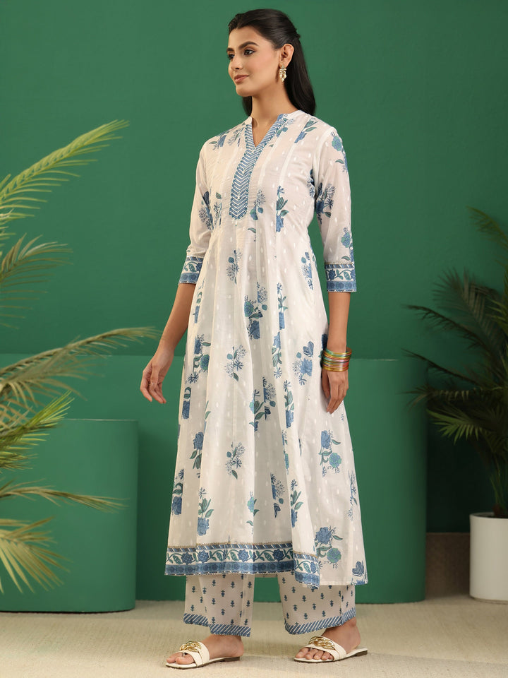 Libas White Floral Printed Cotton Anarakali Suit Set