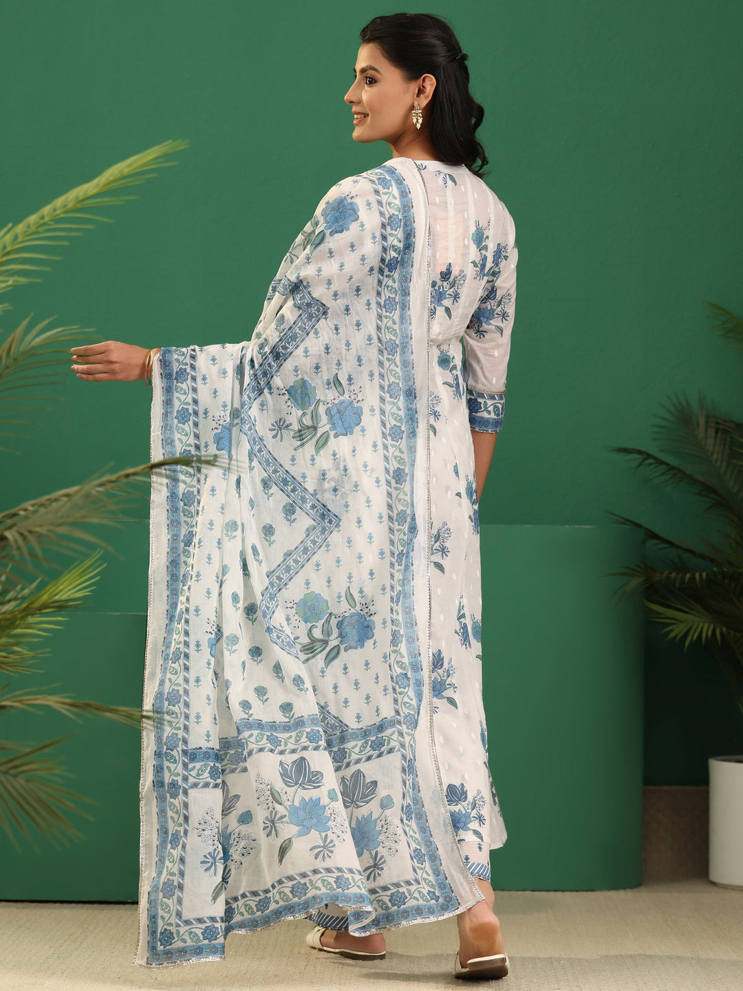 Libas White Floral Printed Cotton Anarakali Suit Set