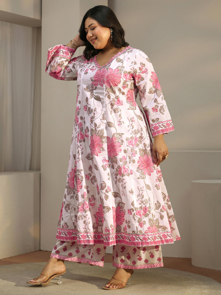 Plus Size White Floral Printed Cotton Anarkali Suit Set