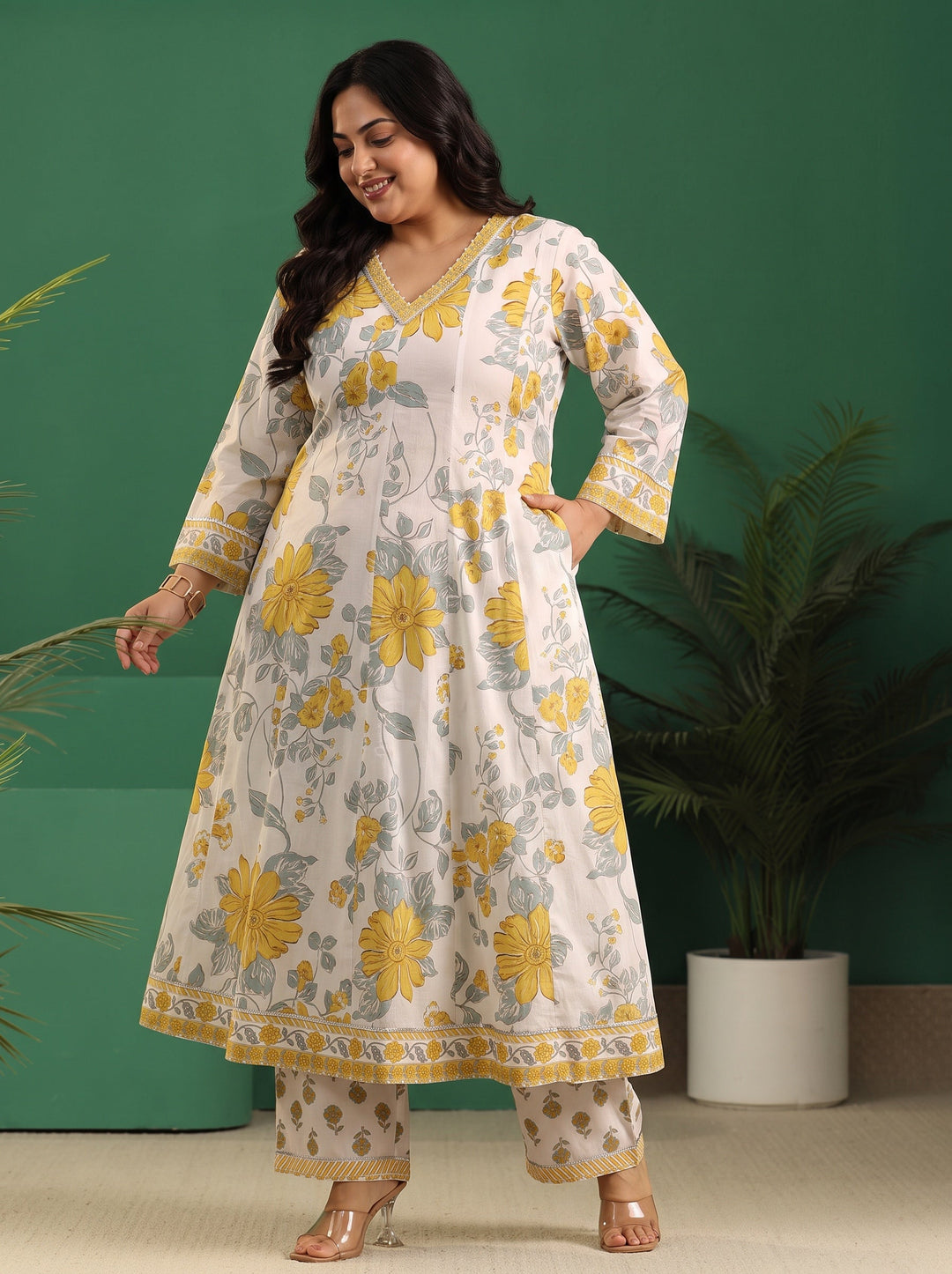Plus Size White Floral Printed Cotton Anarkali Suit Set