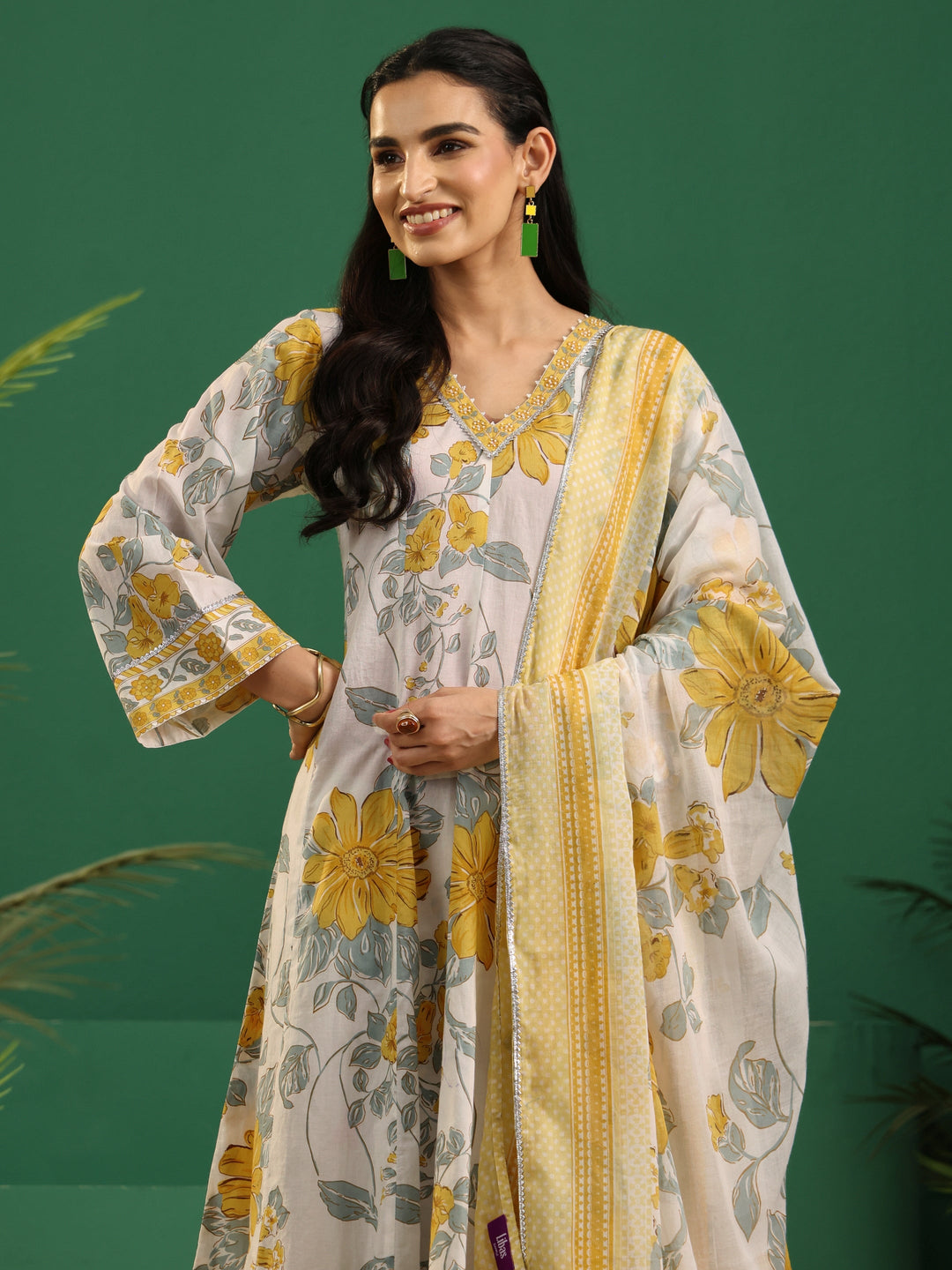 Libas White Floral Printed Cotton Anarkali Suit Set