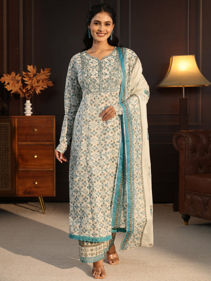 Libas White Floral Printed Cotton Anarkali Suit Set