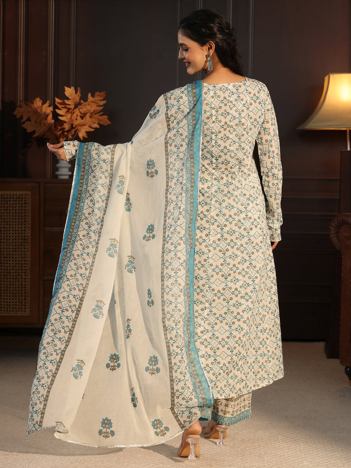 Libas White Floral Printed Cotton Anarkali Suit Set