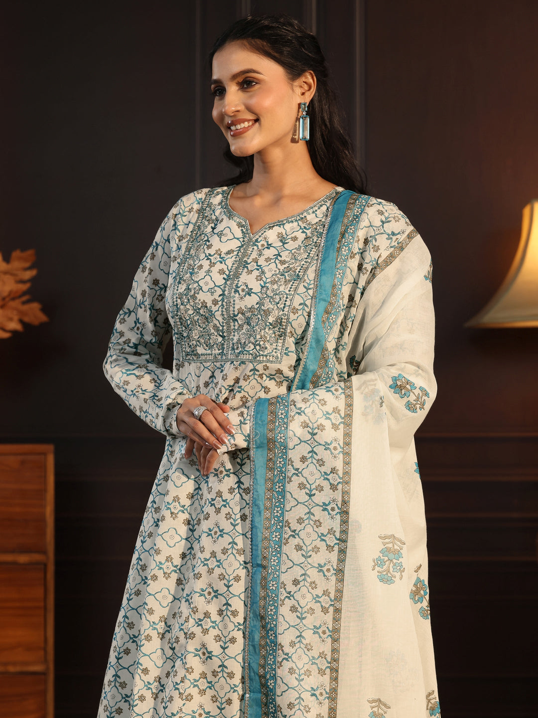 Libas White Floral Printed Cotton Anarkali Suit Set