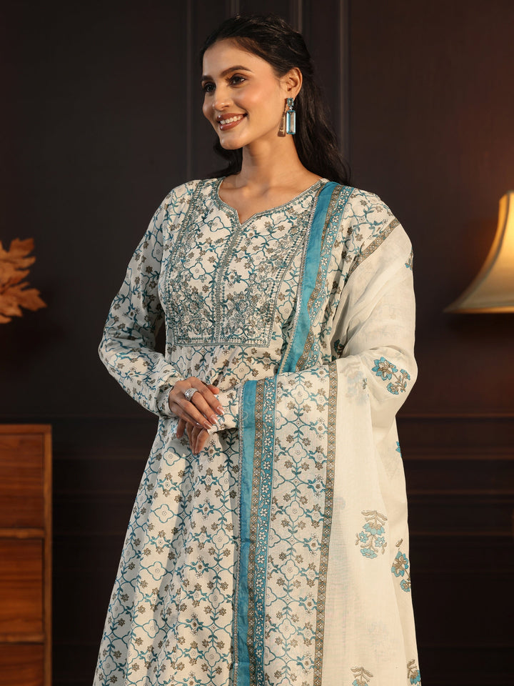 Libas White Floral Printed Cotton Anarkali Suit Set