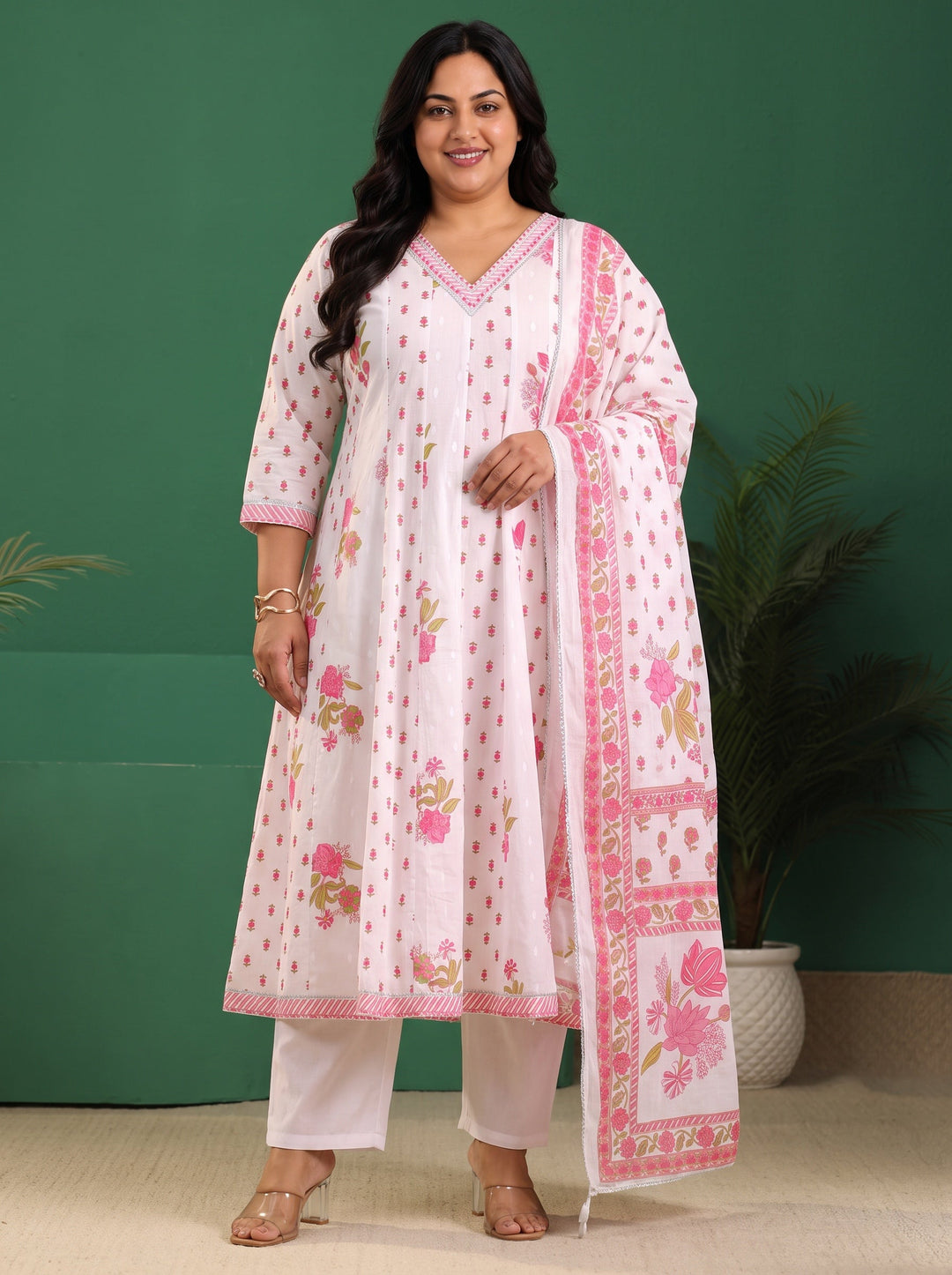 Plus Size White Floral Printed Cotton Anarkali Suit Set