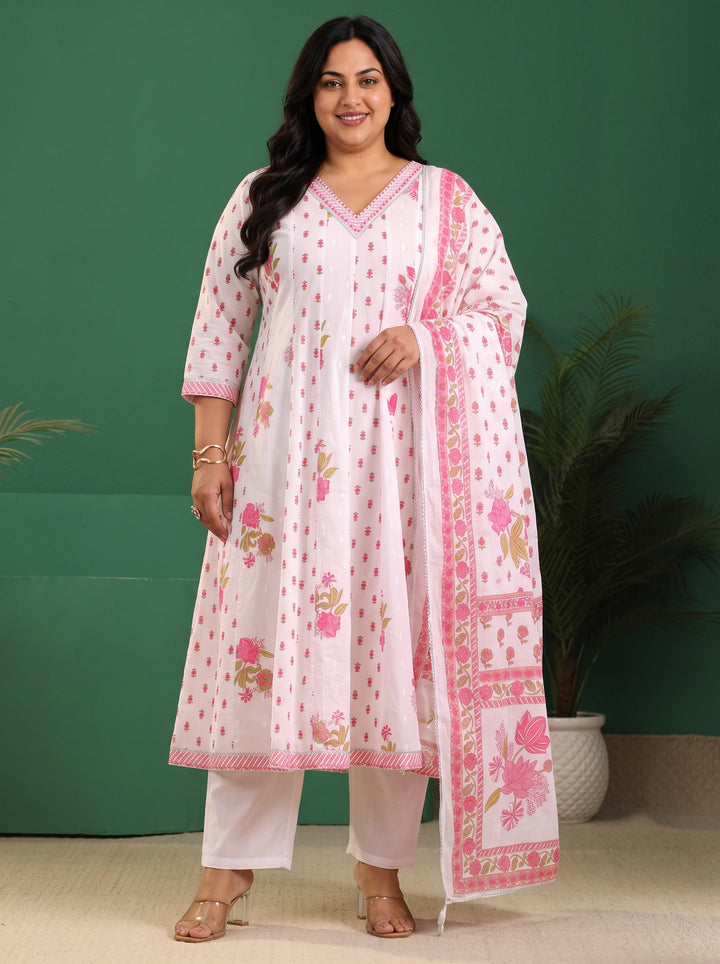 Plus Size White Floral Printed Cotton Anarkali Suit Set