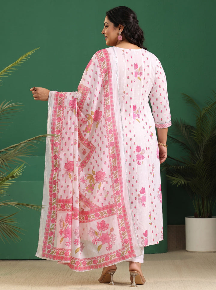 Plus Size White Floral Printed Cotton Anarkali Suit Set
