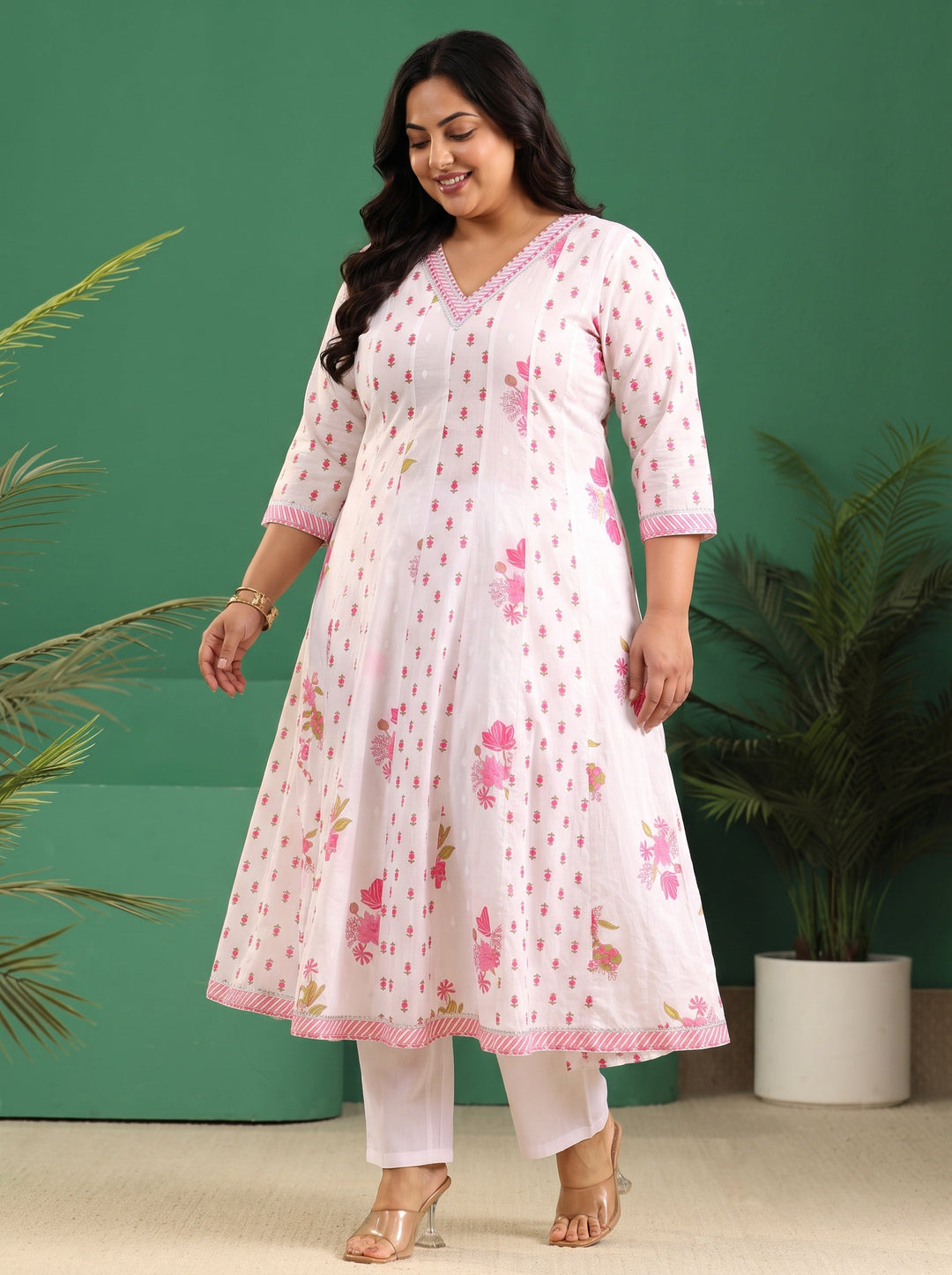 Plus Size White Floral Printed Cotton Anarkali Suit Set