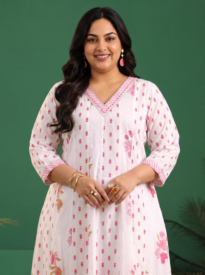 Plus Size White Floral Printed Cotton Anarkali Suit Set