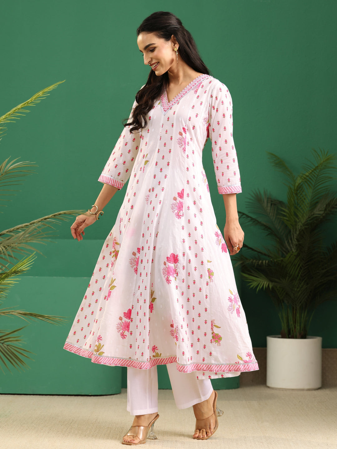 Libas White Floral Printed Cotton Anarkali Suit Set