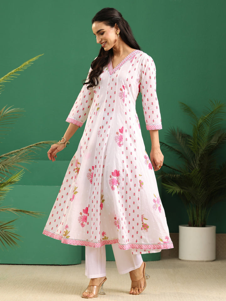 Libas White Floral Printed Cotton Anarkali Suit Set