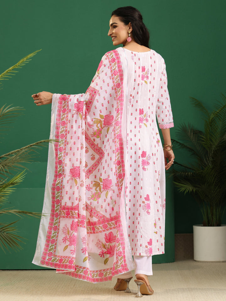 Libas White Floral Printed Cotton Anarkali Suit Set