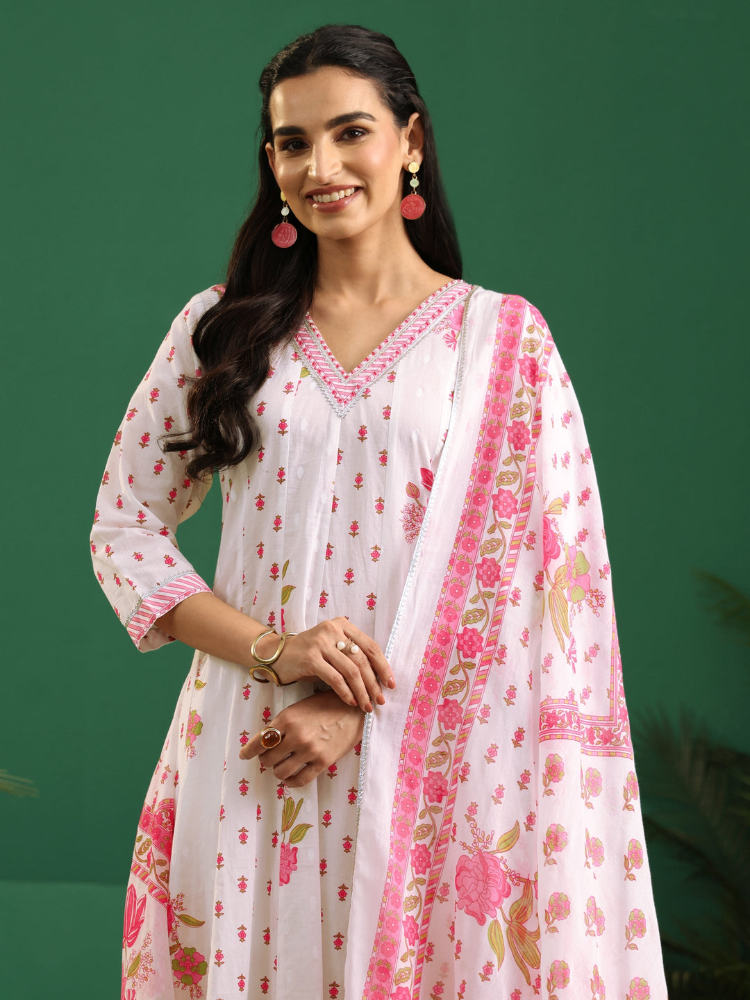 Libas White Floral Printed Cotton Anarkali Suit Set