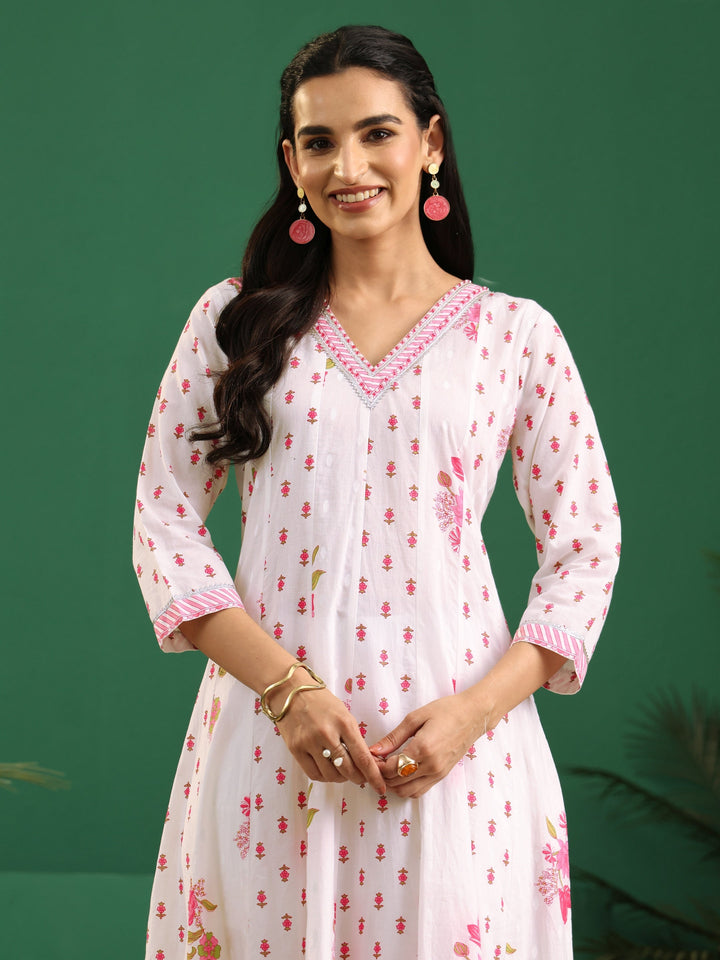 Libas White Floral Printed Cotton Anarkali Suit Set