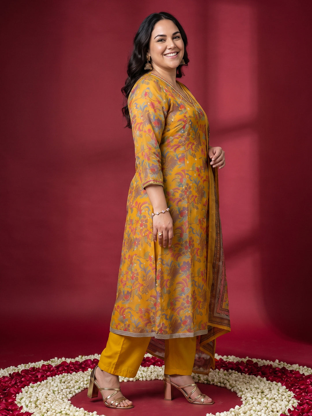 Plus Size Mustard Floral Printed Chiffon A-Line Suit Set
