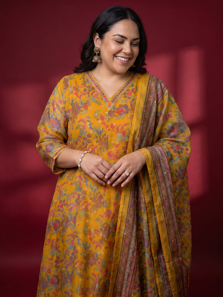 Plus Size Mustard Floral Printed Chiffon A-Line Suit Set