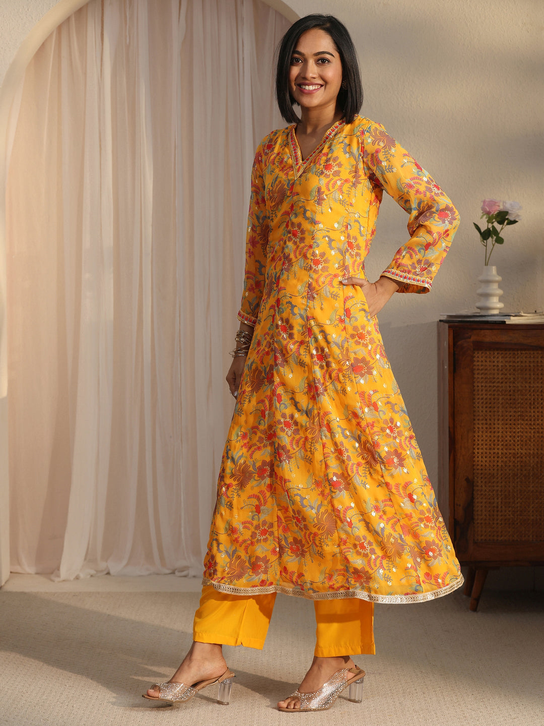 Libas Mustard Floral Printed Chiffon Anarkali Suit Set