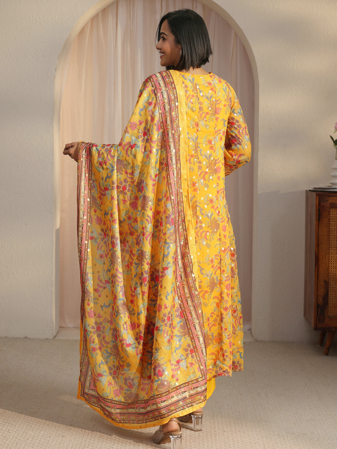 Libas Mustard Floral Printed Chiffon Anarkali Suit Set