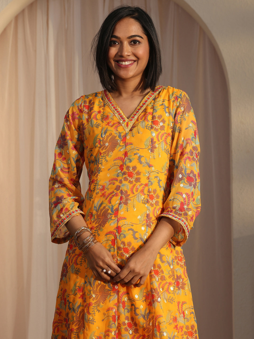 Libas Mustard Floral Printed Chiffon Anarkali Suit Set