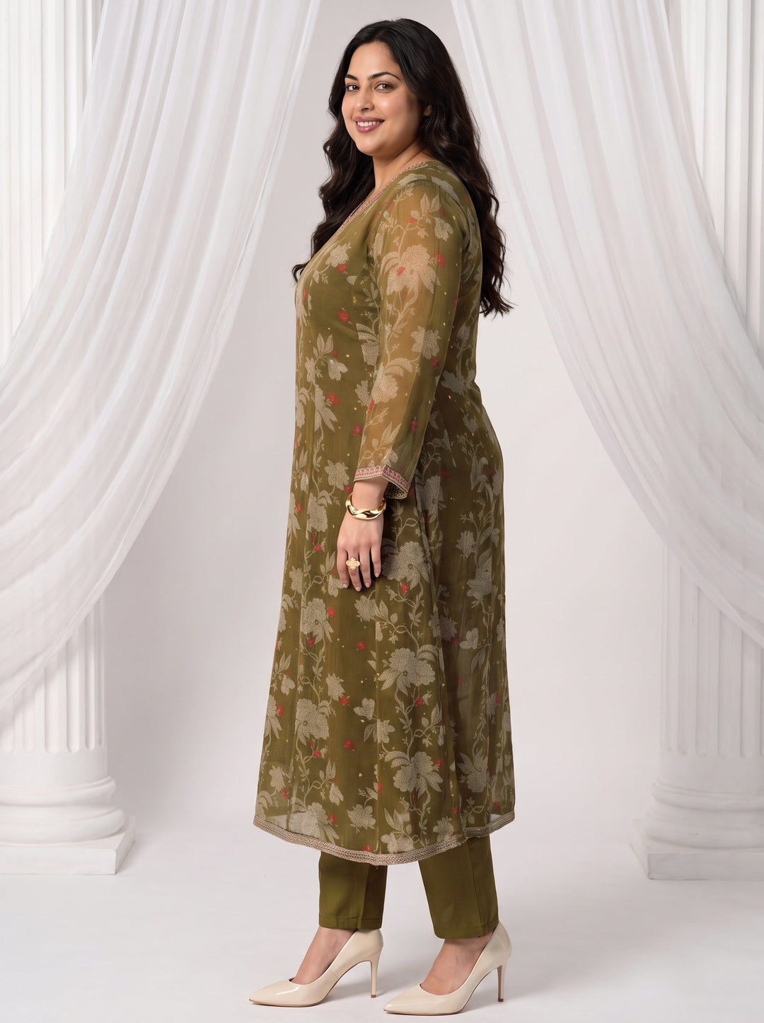 Plus Size Olive Floral Printed Chiffon Anarkali Suit Set