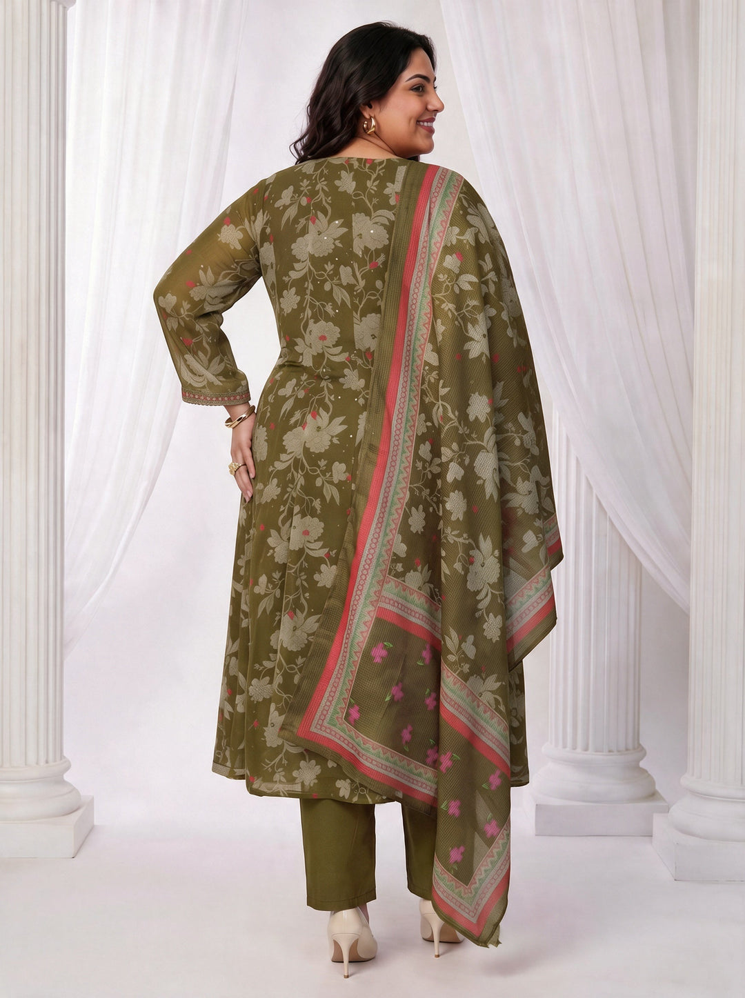 Plus Size Olive Floral Printed Chiffon Anarkali Suit Set