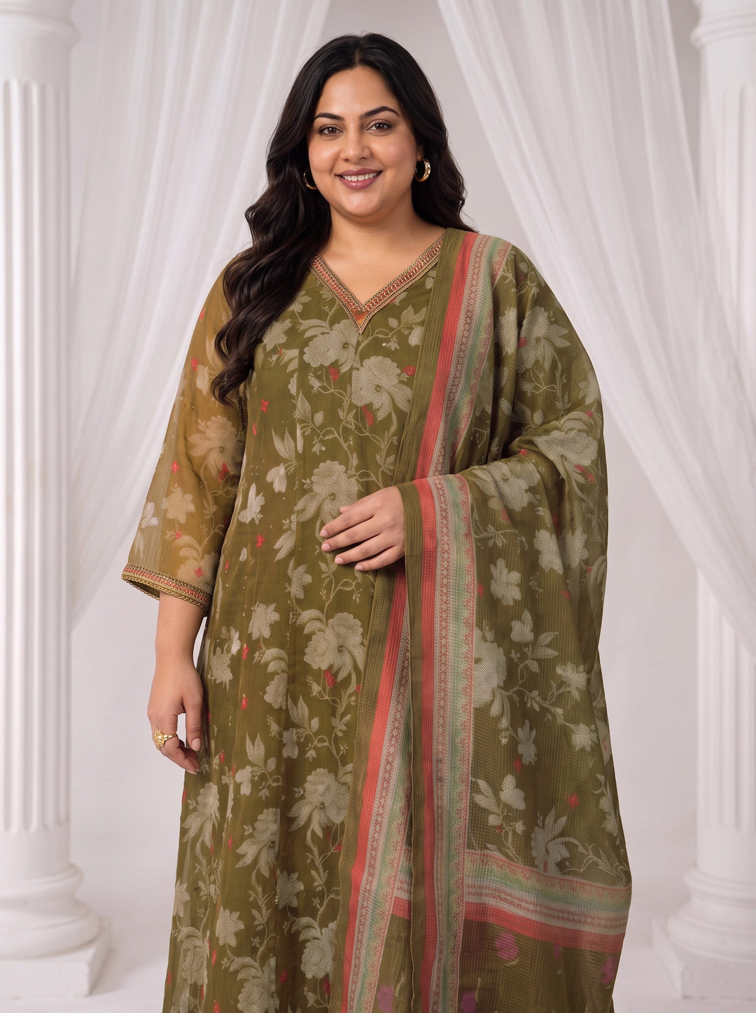 Plus Size Olive Floral Printed Chiffon Anarkali Suit Set