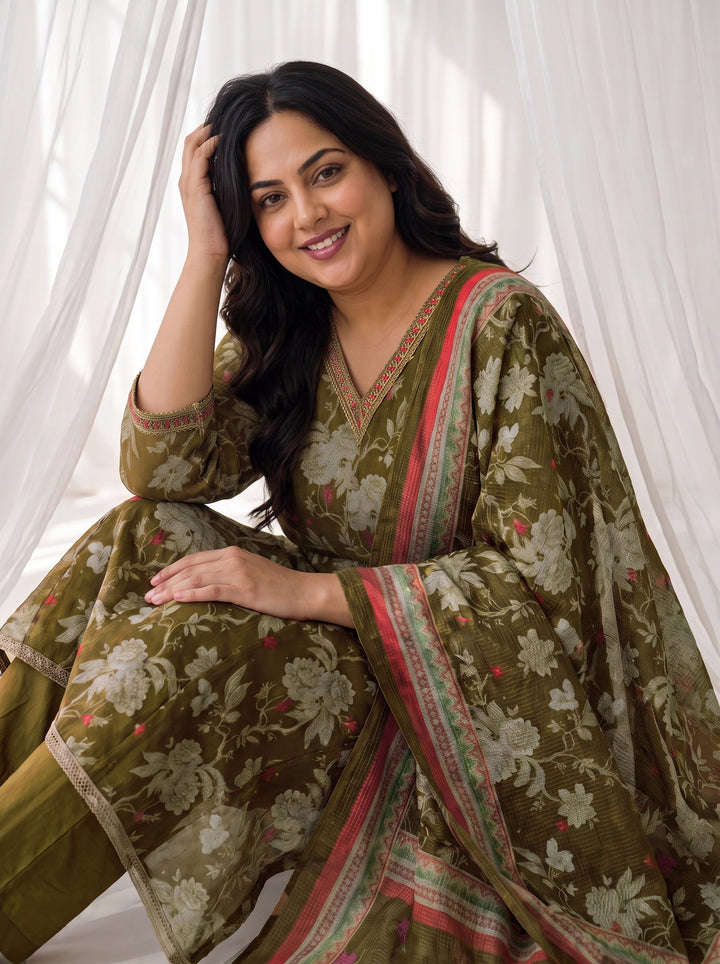 Plus Size Olive Floral Printed Chiffon Anarkali Suit Set