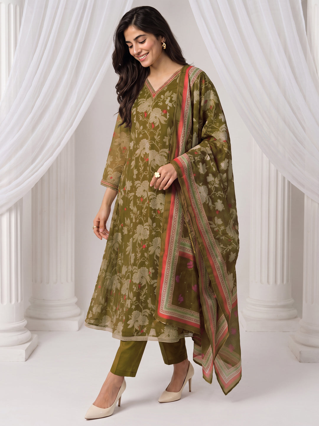 Libas Olive Green Floral Printed Chiffon Anarkali Suit Set