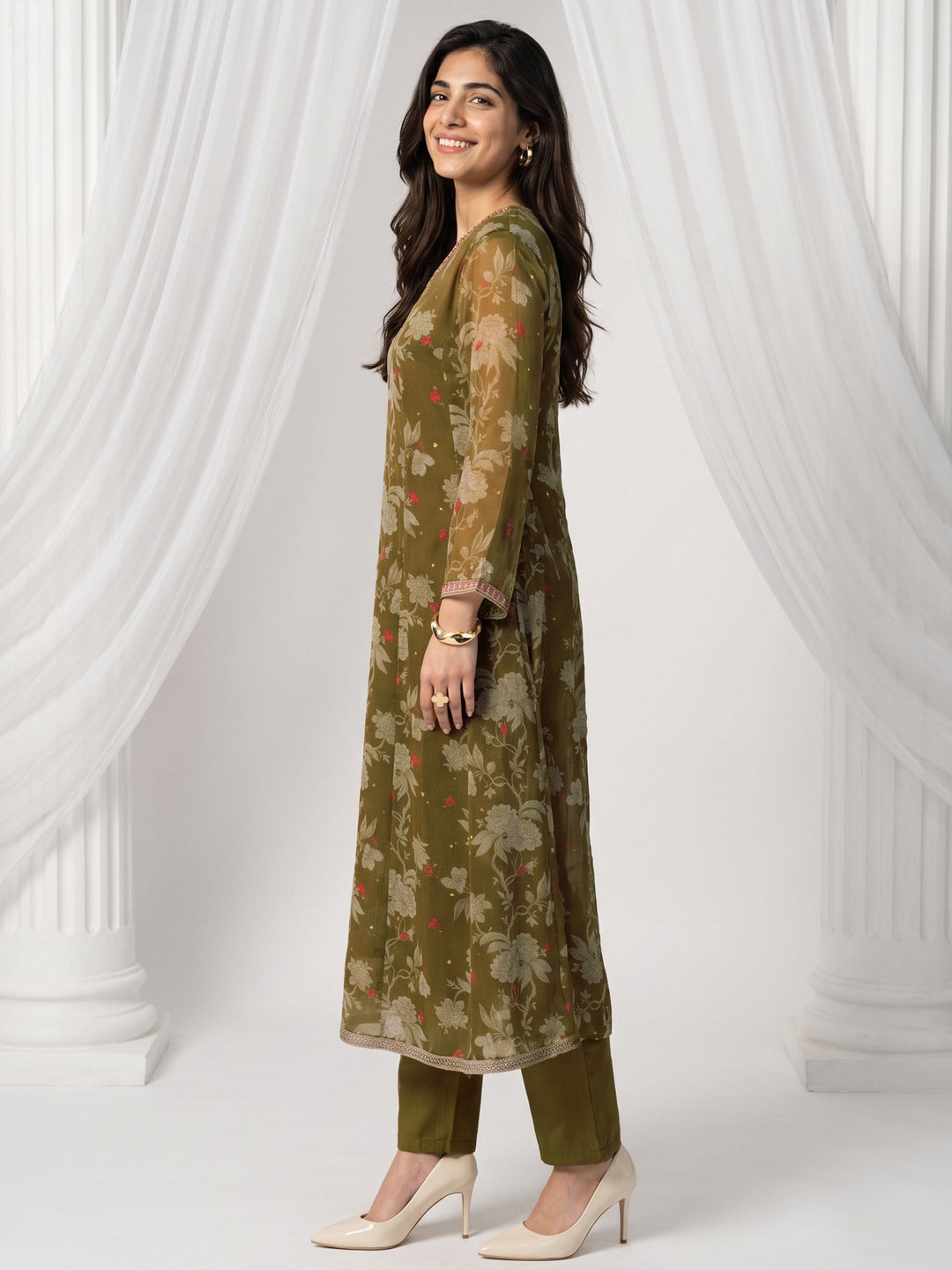 Libas Olive Green Floral Printed Chiffon Anarkali Suit Set