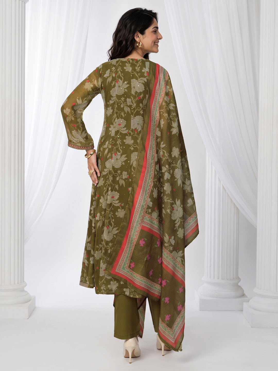 Libas Olive Green Floral Printed Chiffon Anarkali Suit Set