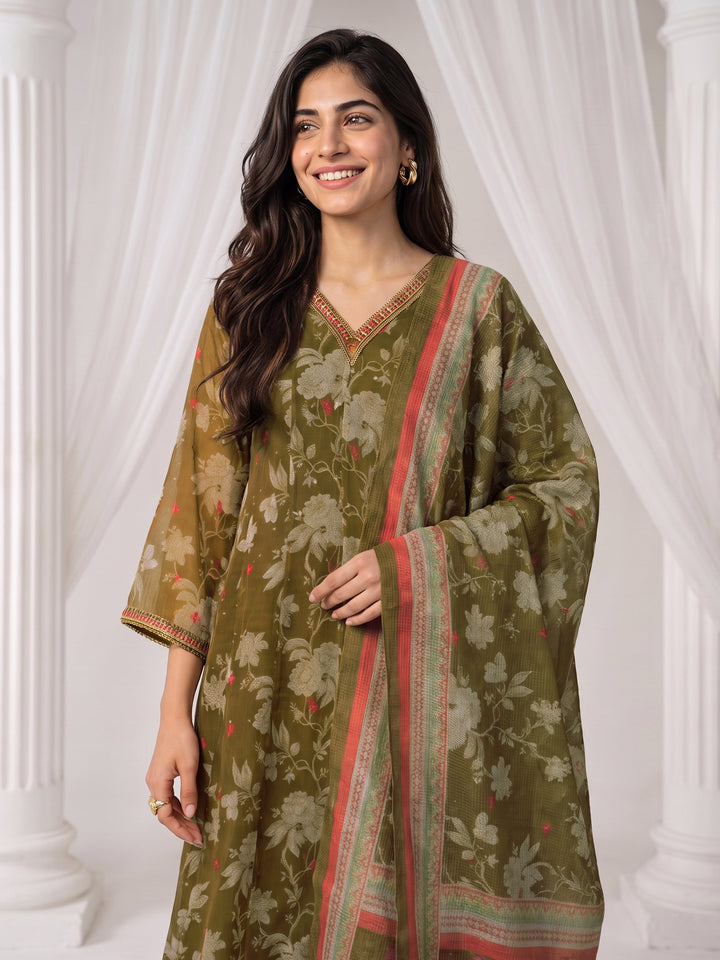Libas Olive Green Floral Printed Chiffon Anarkali Suit Set