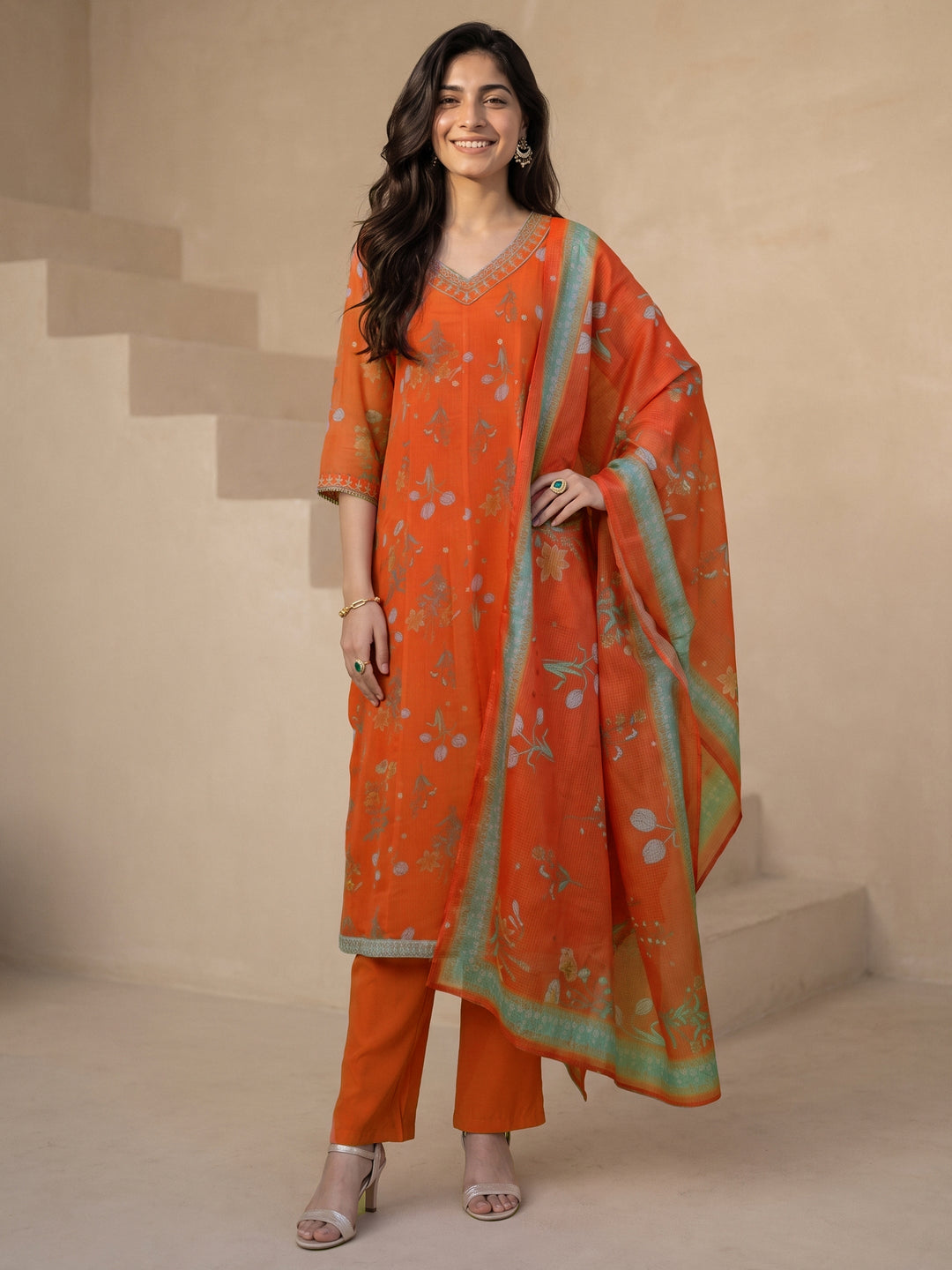 Libas Orange Floral Printed Chiffon Anarkali Suit Set