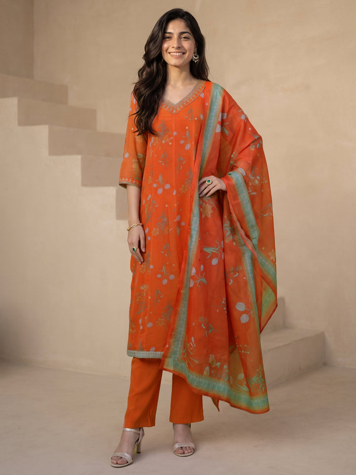 Libas Orange Floral Printed Chiffon Anarkali Suit Set