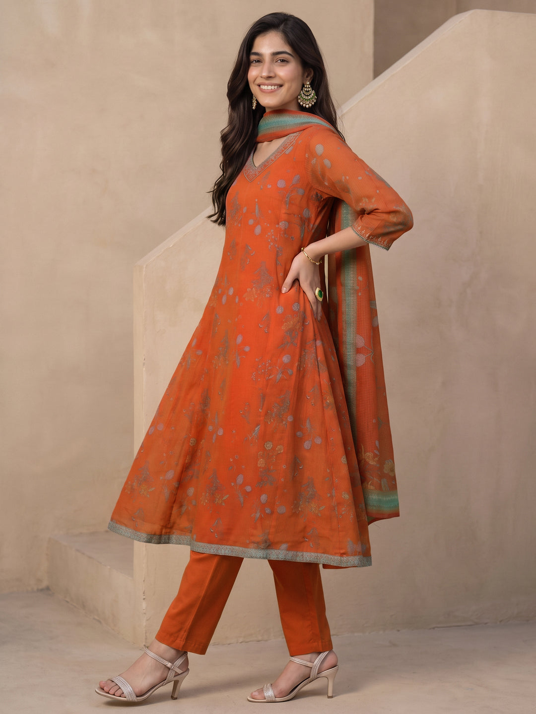 Libas Orange Floral Printed Chiffon Anarkali Suit Set