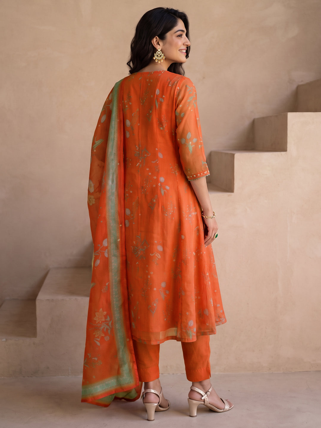Libas Orange Floral Printed Chiffon Anarkali Suit Set