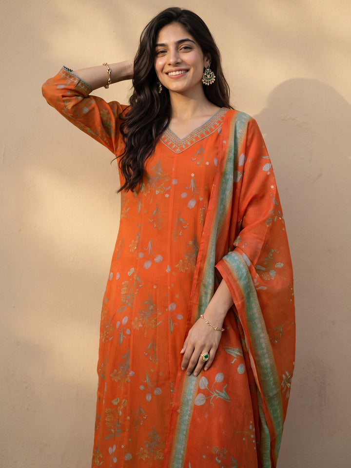 Libas Orange Floral Printed Chiffon Anarkali Suit Set