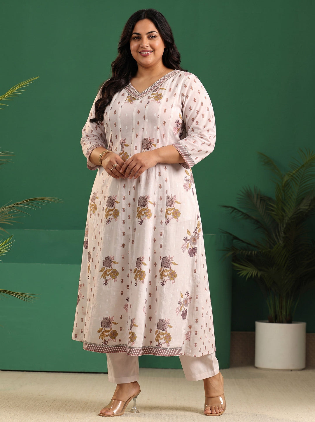 Plus Size Off White Floral Printed Cotton Anarkali Suit Set